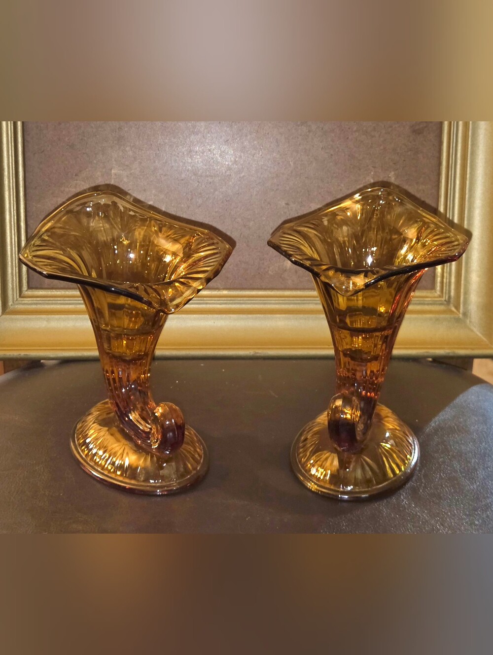 Set of Fenton Amber Glass Cornucopia Candleholders w Ruffled Rims & Fluted Base